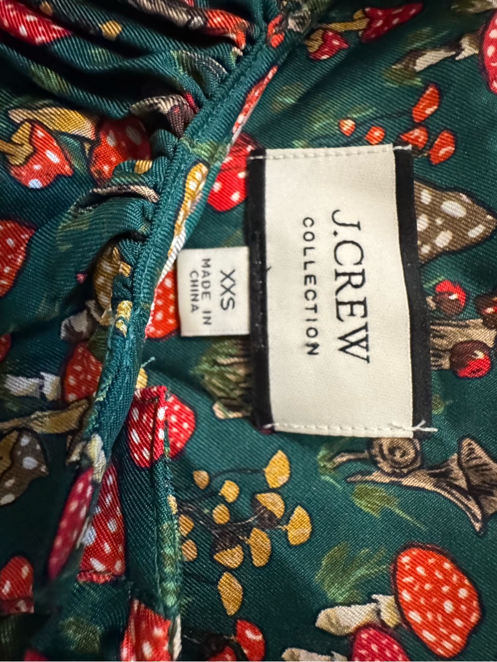J. Crew Emerald Green Mushroom Print Ruffle Blouse - Picture 6 of 9